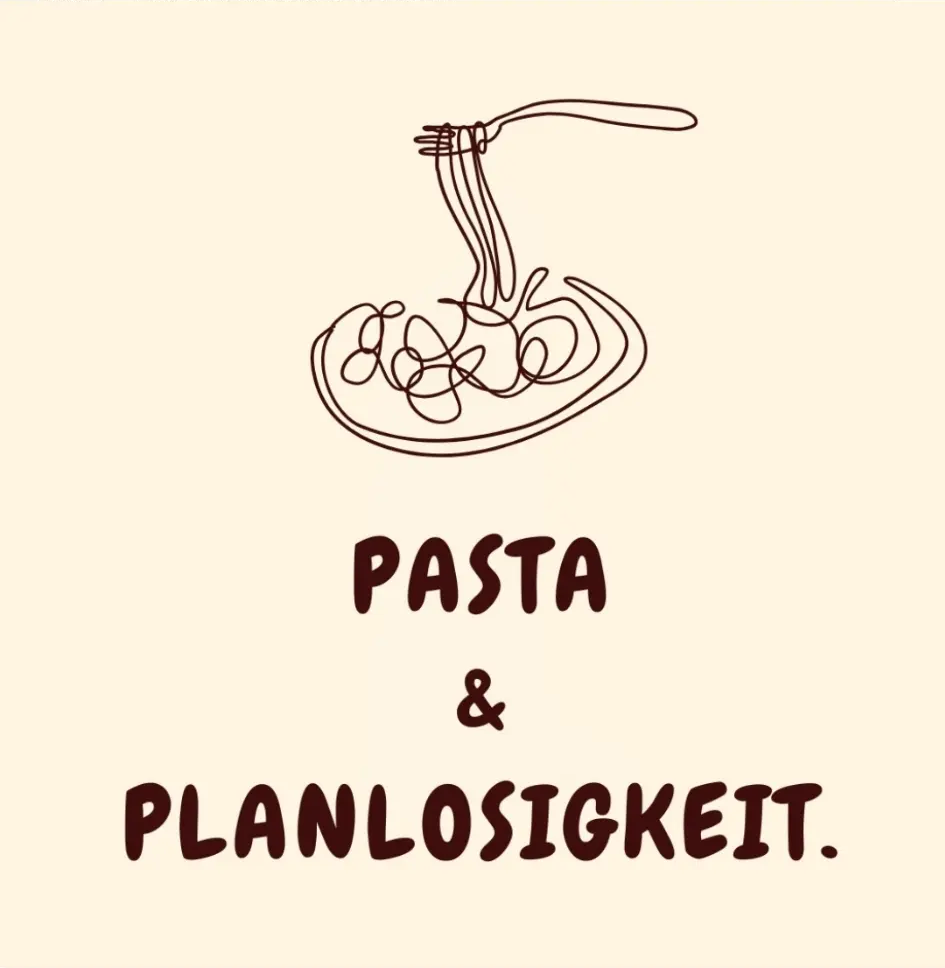 Pasta & Planlosigkeit Logo – handgezeichneter Teller mit Pasta und Gabel